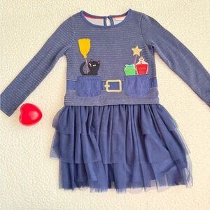 Mini Boden Blue Long Sleeve Dress with Cat and Star Appliqué